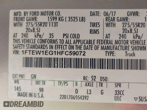 2017 Ford F-150 XL with VIN 1FTEW1EG1HFC59072, listed as a IAAI auction lot 41617481 with 167,594 mi miles. Bid and sale history available at carsss.com. Image 9.
