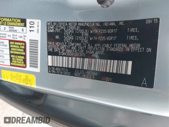 2015 Toyota Sienna LE AAS with VIN 5TDKK3DC4FS663876, listed as a IAAI auction lot 42155091 with 82,602 mi miles and . Bid and sale history available at DreamBid. Image 9.