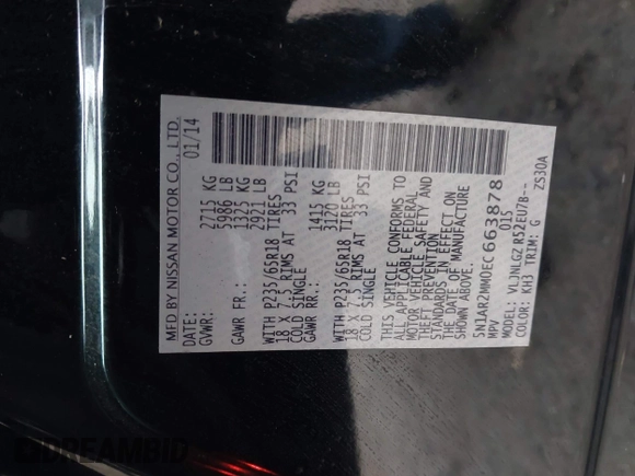 2014 Nissan Pathfinder SL with VIN 5N1AR2MM0EC663878, listed as a IAAI auction lot 42060502 with 130,296 mi miles. Bid and sale history available at carsss.com. Image 9.