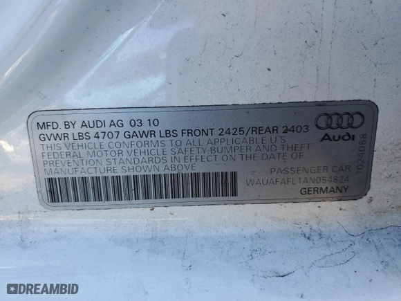 2010 Audi A4 2.0T Premium with VIN WAUAFAFL1AN054824, listed as a Copart auction lot 88846245 with 134,458 mi miles and Salvage Title. Bid and sale history available at carsss.com. Image 12.