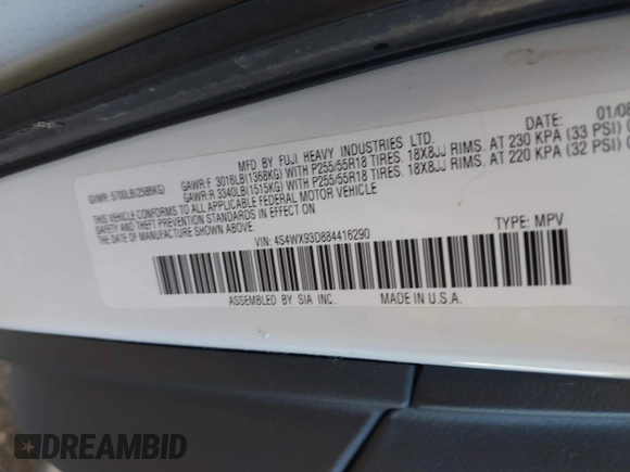 2008 Subaru Tribeca Limited с VIN 4S4WX93D884416290, выставлен на аукционе IAAI как лот 41413763 с пробегом 141 522 миль миль и . История ставок и продаж доступна на DreamBid. Изображение 9.