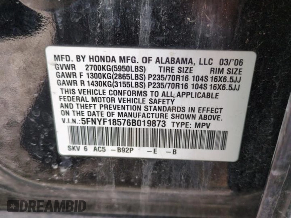 2006 Honda Pilot EX-L with VIN 5FNYF18576B019873, listed as a Copart auction lot 49908125 with 280,836 mi miles and Salvage Title. Bid and sale history available at DreamBid. Image 14.