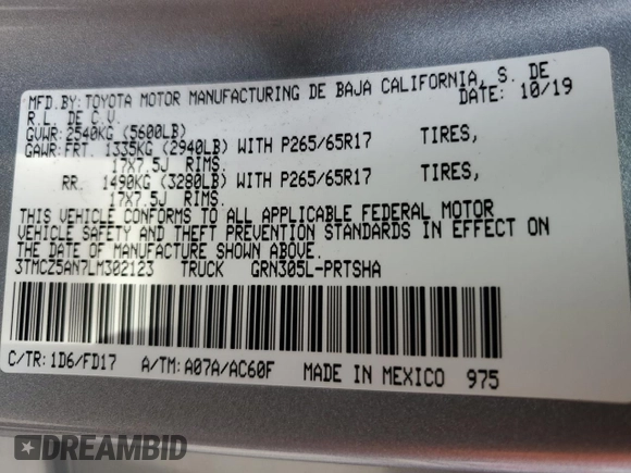 2020 Toyota Tacoma SR5 z VIN 3TMCZ5AN7LM302123, wystawiony jako Copart lot #57299805 z przebiegiem 43 244 mil mil oraz Szkoda całkowita • Salvage title. Historia ofert i sprzedaży dostępna na DreamBid. Obrazek 12.
