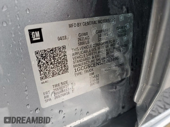 2018 Chevrolet Colorado 2WD LT with VIN 1GCGSCEN5J1263496, listed as a Copart auction lot 55663665 with 62,503 mi miles and Salvage Title. Bid and sale history available at DreamBid. Image 12.