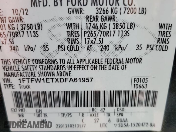 2013 Ford F-150 XL with VIN 1FTFW1ETXDFA61957, listed as a Copart auction lot 46628685 with 186,266 mi miles and Non Repairable. Bid and sale history available at carsss.com. Image 12.