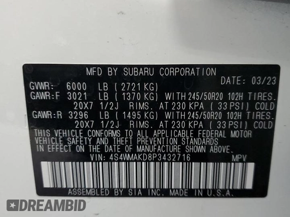 2023 Subaru Ascent Onyx Limited с VIN 4S4WMAKD8P3432716, выставлен на аукционе Copart как лот 47310075 с пробегом 9 152 миль миль и Списание • Salvage title. История ставок и продаж доступна на DreamBid. Изображение 14.