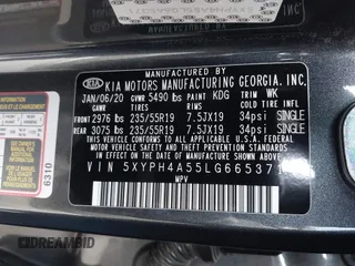 2020 Kia Sorento EX V6 with VIN 5XYPH4A55LG665371, listed as a IAAI auction lot 41719572 with 87,759 mi miles. Bid and sale history available at carsss.com. Image 9.