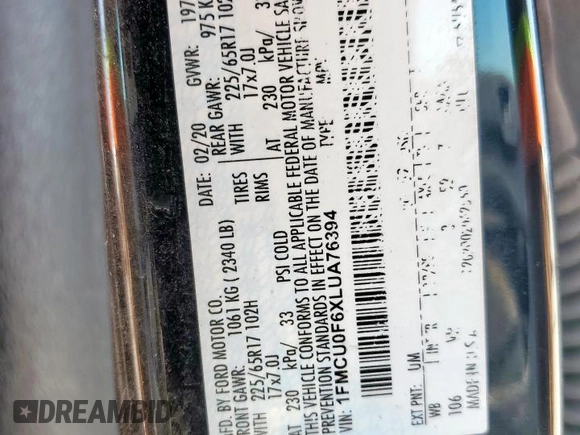 2020 Ford Escape S with VIN 1FMCU0F6XLUA76394, listed as a Copart auction lot 53203435 with Not Provided miles and Clean Title. Bid and sale history available at carsss.com. Image 13.