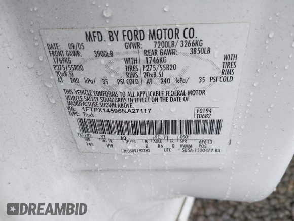 2006 Ford F-150 XLT with VIN 1FTPX14596NA27117, listed as a IAAI auction lot 41589818 with 166,727 mi miles. Bid and sale history available at carsss.com. Image 9.