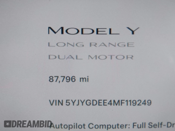 2021 Tesla Model Y Long Range with VIN 5YJYGDEE4MF119249, listed as a IAAI auction lot 41764711 with 87,796 mi miles. Bid and sale history available at carsss.com. Image 16.