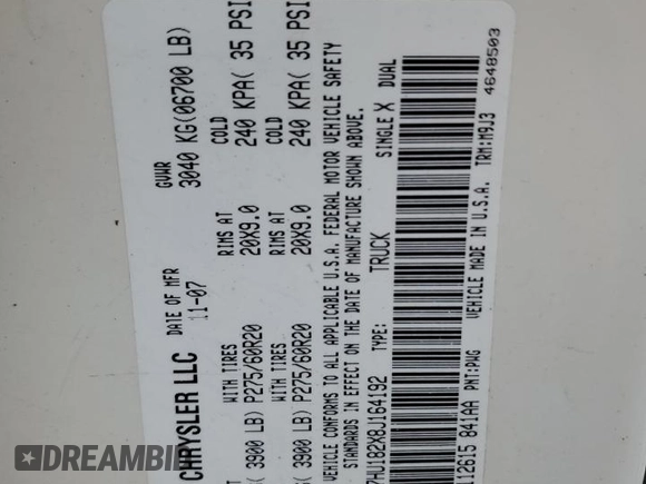 2008 Dodge 1500 ST z VIN 1D7HU182X8J164192, wystawiony jako Copart lot #53848975 z przebiegiem 179 034 mil mil oraz Szkoda całkowita • Salvage title. Historia ofert i sprzedaży dostępna na DreamBid. Obrazek 12.