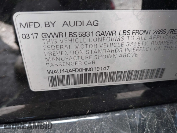 2017 Audi A8 with VIN WAU44AFD0HN019147, listed as a IAAI auction lot 41925027 with 44,542 mi miles and . Bid and sale history available at DreamBid. Image 9.