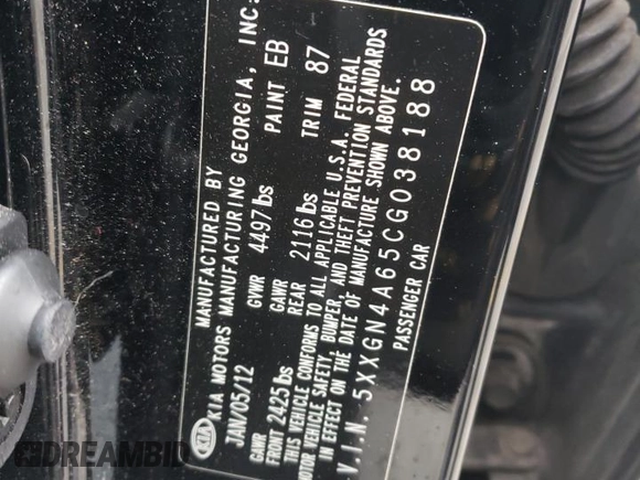 2012 Kia Optima EX with VIN 5XXGN4A65CG038188, listed as a Copart auction lot 42710865 with 180,346 mi miles and Salvage Title. Bid and sale history available at carsss.com. Image 12.