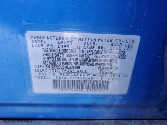 2024 Nissan Kicks S with VIN 3N1CP5BV8RL509299, listed as a Copart auction lot 47101225 with 39,388 mi miles and Salvage Title. Bid and sale history available at carsss.com. Image 12.