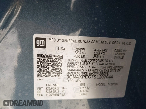 2025 Chevrolet Equinox AWD LT with VIN 3GNAXPEG7SL207044, listed as a IAAI auction lot 41440925 with 542 mi miles. Bid and sale history available at carsss.com. Image 9.