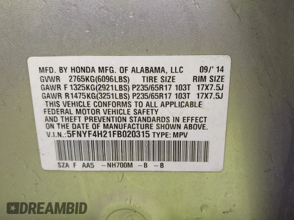 2015 Honda Pilot LX with VIN 5FNYF4H21FB020315, listed as a IAAI auction lot 42072899 with Not Provided miles and . Bid and sale history available at carsss.com. Image 9.