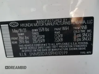 2023 Hyundai Santa Fe Hybrid SEL Premium with VIN 5NMS3DA12PH010599, listed as a Copart auction lot 73428934 with 27,445 mi miles and Salvage Title. Bid and sale history available at carsss.com. Image 13.
