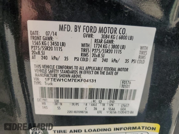 2014 Ford F-150 XL with VIN 1FTEW1CM7EKF04131, listed as a Copart auction lot 59338275 with 160,891 mi miles and Salvage title. Bid and sale history available at DreamBid. Image 12.