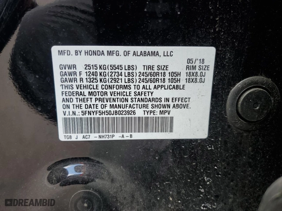 2018 Honda Pilot EX-L with VIN 5FNYF5H50JB023926, listed as a Copart auction lot 53057945 with 57,851 mi miles and Salvage Title. Bid and sale history available at carsss.com. Image 15.
