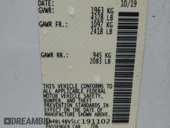 2020 Nissan Altima S z VIN 1N4BL4BV5LC191102, wystawiony jako Copart lot #55519905 z przebiegiem 116 904 mil mil oraz Szkoda całkowita • Salvage title. Historia ofert i sprzedaży dostępna na DreamBid. Obrazek 12.
