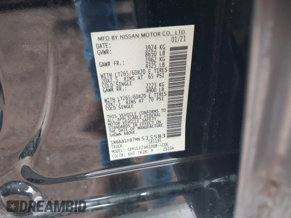 2021 Nissan Titan SV z VIN 1N6AA1FB7MN515583, wystawiony jako IAAI lot #41475375 z przebiegiem 37 507 mil mil oraz . Historia ofert i sprzedaży dostępna na DreamBid. Obrazek 9.