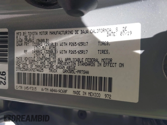2019 Toyota Tacoma SR with VIN 3TMCZ5AN1KM274625, listed as a IAAI auction lot 42660593 with 163,460 mi miles and . Bid and sale history available at DreamBid. Image 9.