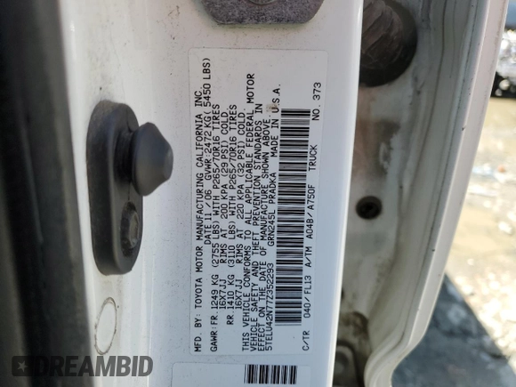 2007 Toyota Tacoma with VIN 5TELU42N77Z352293, listed as a Copart auction lot 55054085 with 167,289 mi miles and Clean Title. Bid and sale history available at DreamBid. Image 12.