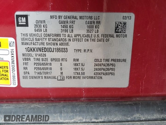 2013 GMC Acadia SLE with VIN 1GKKVNED0DJ186033, listed as a Copart auction lot 61130784 with 149,050 mi miles and Salvage Title. Bid and sale history available at carsss.com. Image 12.