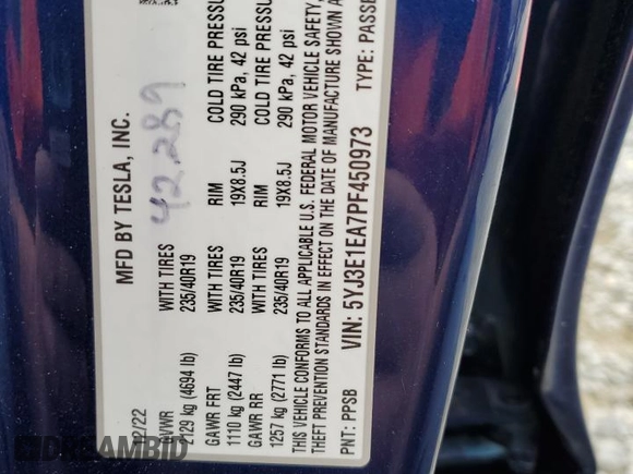 2023 Tesla Model 3 with VIN 5YJ3E1EA7PF450973, listed as a Copart auction lot 61082175 with 47,029 mi miles and Salvage title. Bid and sale history available at DreamBid. Image 13.