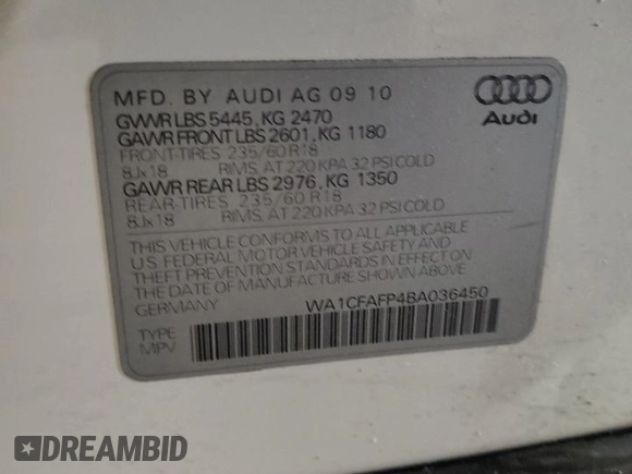 2011 Audi Q5 Premium z VIN WA1CFAFP4BA036450, wystawiony jako Copart lot #65574405 z przebiegiem 181 983 mil mil oraz Czysty tytuł • Clean title. Historia ofert i sprzedaży dostępna na DreamBid. Obrazek 13.