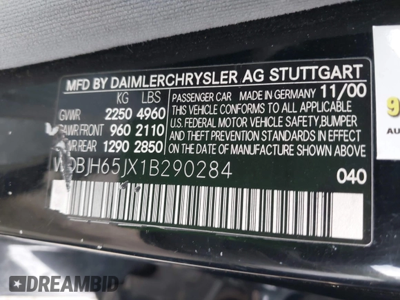 2001 Mercedes-Benz E-Class with VIN WDBJH65JX1B290284, listed as a IAAI auction lot 41713265 with 1 mi miles. Bid and sale history available at carsss.com. Image 9.