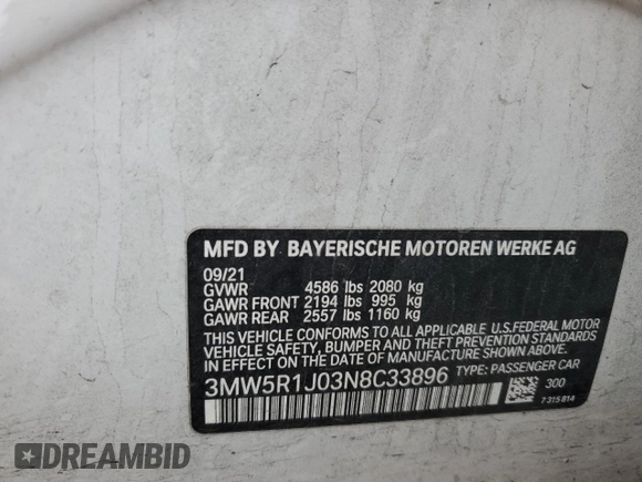 2022 BMW 3 Series 330i with VIN 3MW5R1J03N8C33896, listed as a Copart auction lot 42611745 with 0 mi miles and Salvage Title. Bid and sale history available at carsss.com. Image 13.