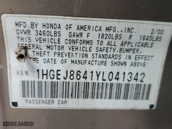 2000 Honda Civic EX with VIN 1HGEJ8641YL041342, listed as a Copart auction lot 43984405 with 163,346 mi miles and Salvage Title. Bid and sale history available at carsss.com. Image 12.