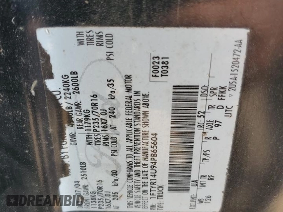 2004 Ford Ranger XL with VIN 1FTYR14U94PB65604, listed as a Copart auction lot 62317165 with 151,098 mi miles and Salvage title. Bid and sale history available at DreamBid. Image 12.