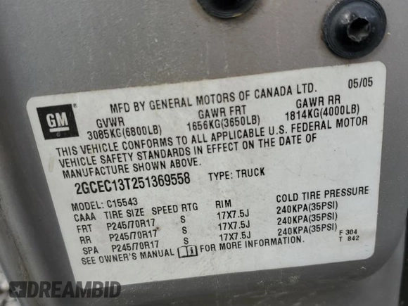 2005 Chevrolet Silverado 1500 LS with VIN 2GCEC13T251369558, listed as a Copart auction lot 52897375 with 312,210 mi miles and Salvage Title. Bid and sale history available at DreamBid. Image 12.