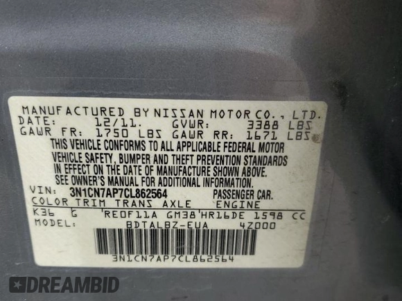 2012 Nissan Versa SV with VIN 3N1CN7AP7CL862564, listed as a Copart auction lot 46271305 with 89,911 mi miles and Salvage Title. Bid and sale history available at carsss.com. Image 12.