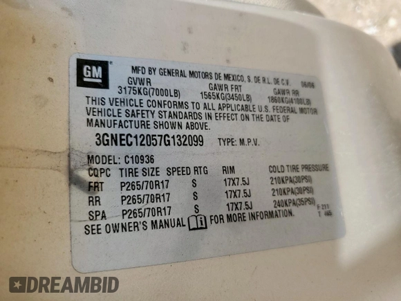 2007 Chevrolet Avalanche 3LT with VIN 3GNEC12057G132099, listed as a Copart auction lot 60236445 with Not provided miles and Clean title. Bid and sale history available at DreamBid. Image 12.
