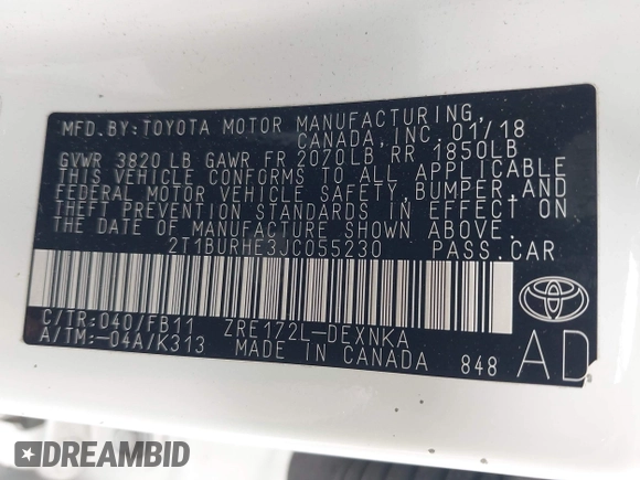 2018 Toyota Corolla L with VIN 2T1BURHE3JC055230, listed as a IAAI auction lot 42342114 with 65,765 mi miles and . Bid and sale history available at DreamBid. Image 9.