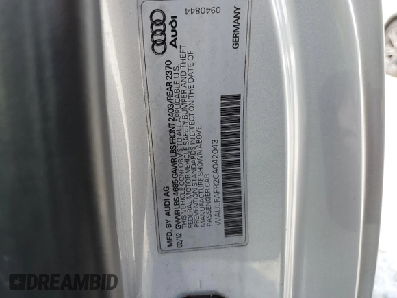 2012 Audi A5 Premium Plus z VIN WAULFAFR2CA042043, wystawiony jako Copart lot #55619675 z przebiegiem 182 487 mil mil oraz Szkoda całkowita • Salvage title. Historia ofert i sprzedaży dostępna na DreamBid. Obrazek 12.