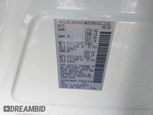 2019 Nissan Pathfinder SV z VIN 5N1DR2MN8KC580359, wystawiony jako IAAI lot #41767664 z przebiegiem 66 248 mil mil oraz . Historia ofert i sprzedaży dostępna na DreamBid. Obrazek 9.