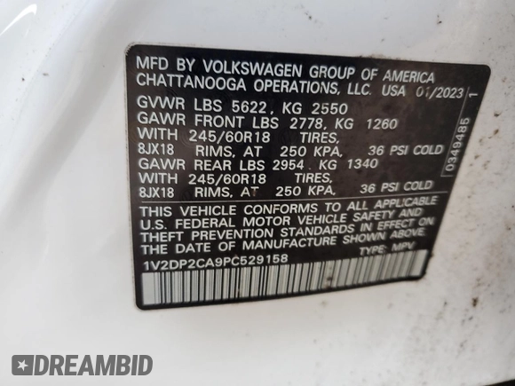 2023 Volkswagen Atlas SE with VIN 1V2DP2CA9PC529158, listed as a Copart auction lot 57512845 with 73,023 mi miles and Salvage title. Bid and sale history available at DreamBid. Image 12.