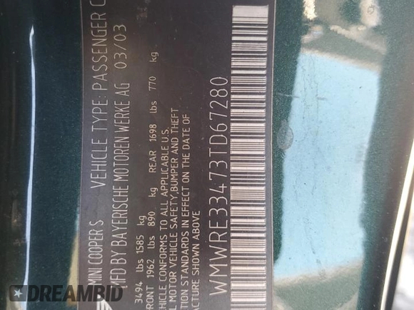 2003 MINI Hardtop S with VIN WMWRE33473TD67280, listed as a Copart auction lot 49298995 with Not Provided miles and Salvage Title. Bid and sale history available at DreamBid. Image 12.