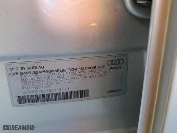 2006 Audi A4 2.0T with VIN WAUDF78E26A216179, listed as a Copart auction lot 43164745 with 114,285 mi miles and Clean Title. Bid and sale history available at carsss.com. Image 12.