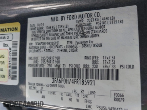 2015 Ford Fusion SE with VIN 3FA6P0H74FR185921, listed as a IAAI auction lot 41745943 with 143,083 mi miles. Bid and sale history available at carsss.com. Image 9.