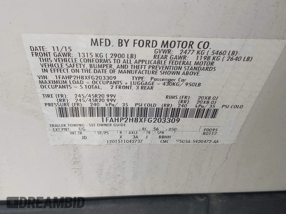 2015 Ford Taurus SEL with VIN 1FAHP2H8XFG203309, listed as a IAAI auction lot 42598215 with 163,190 mi miles and . Bid and sale history available at DreamBid. Image 9.
