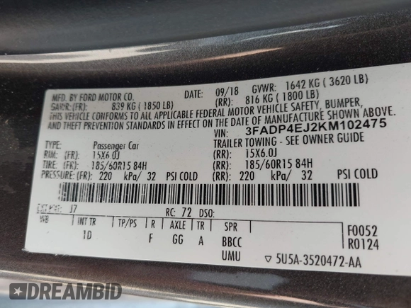 2019 Ford Fiesta SE with VIN 3FADP4EJ2KM102475, listed as a IAAI auction lot 42111316 with 45,297 mi miles. Bid and sale history available at carsss.com. Image 9.