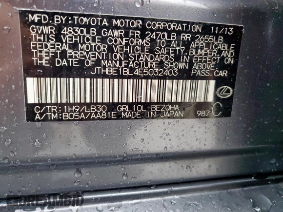 2014 Lexus GS 350 z VIN JTHBE1BL4E5032403, wystawiony jako Copart lot #59576775 z przebiegiem Nie podano mil oraz Szkoda całkowita • Salvage title. Historia ofert i sprzedaży dostępna na DreamBid. Obrazek 12.