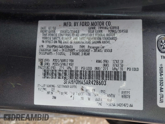 2010 Ford Fusion SE с VIN 3FAHP0HA5AR428603, выставлен на аукционе IAAI как лот 42055330 с пробегом 178 407 миль миль и . История ставок и продаж доступна на DreamBid. Изображение 9.
