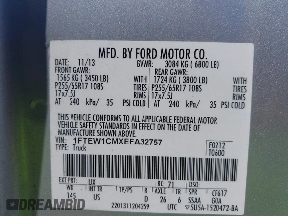 2014 Ford F-150 XL with VIN 1FTEW1CMXEFA32757, listed as a IAAI auction lot 41896026 with 250,978 mi miles. Bid and sale history available at carsss.com. Image 9.