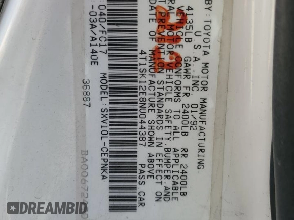 1992 Toyota Camry LE z VIN 4T1SK12E8NU044387, wystawiony jako Copart lot #43195915 z przebiegiem 279 199 mil mil oraz Szkoda całkowita • Salvage title. Historia ofert i sprzedaży dostępna na DreamBid. Obrazek 14.